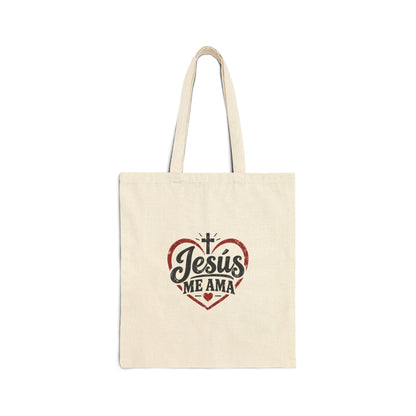 Jesus Me Ama Heart Canvas Tote Bag — Christian Faith Reusable Market Bag