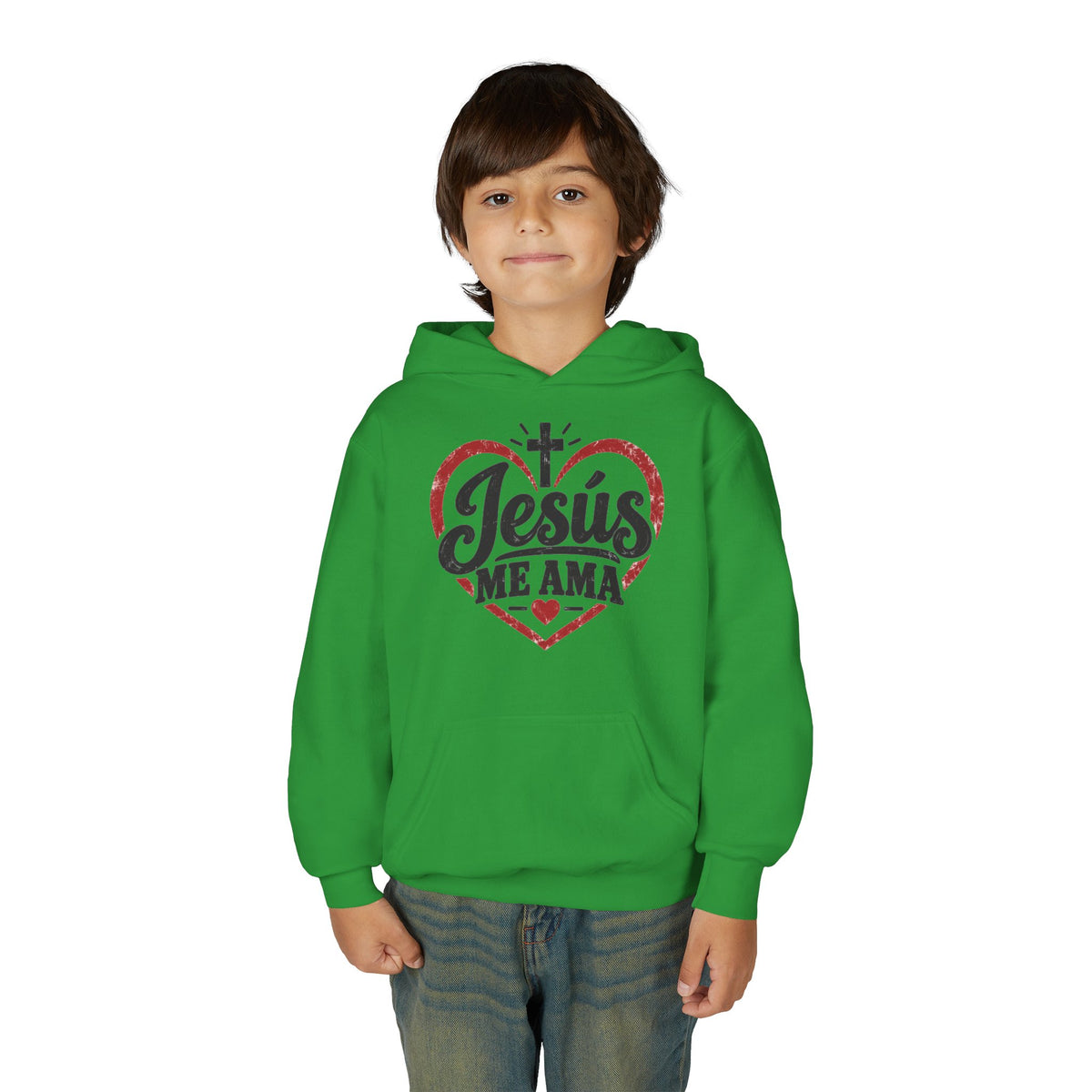 Youth Hoodie — "Jesus Me Ama" Heart Christian Faith Pullover
