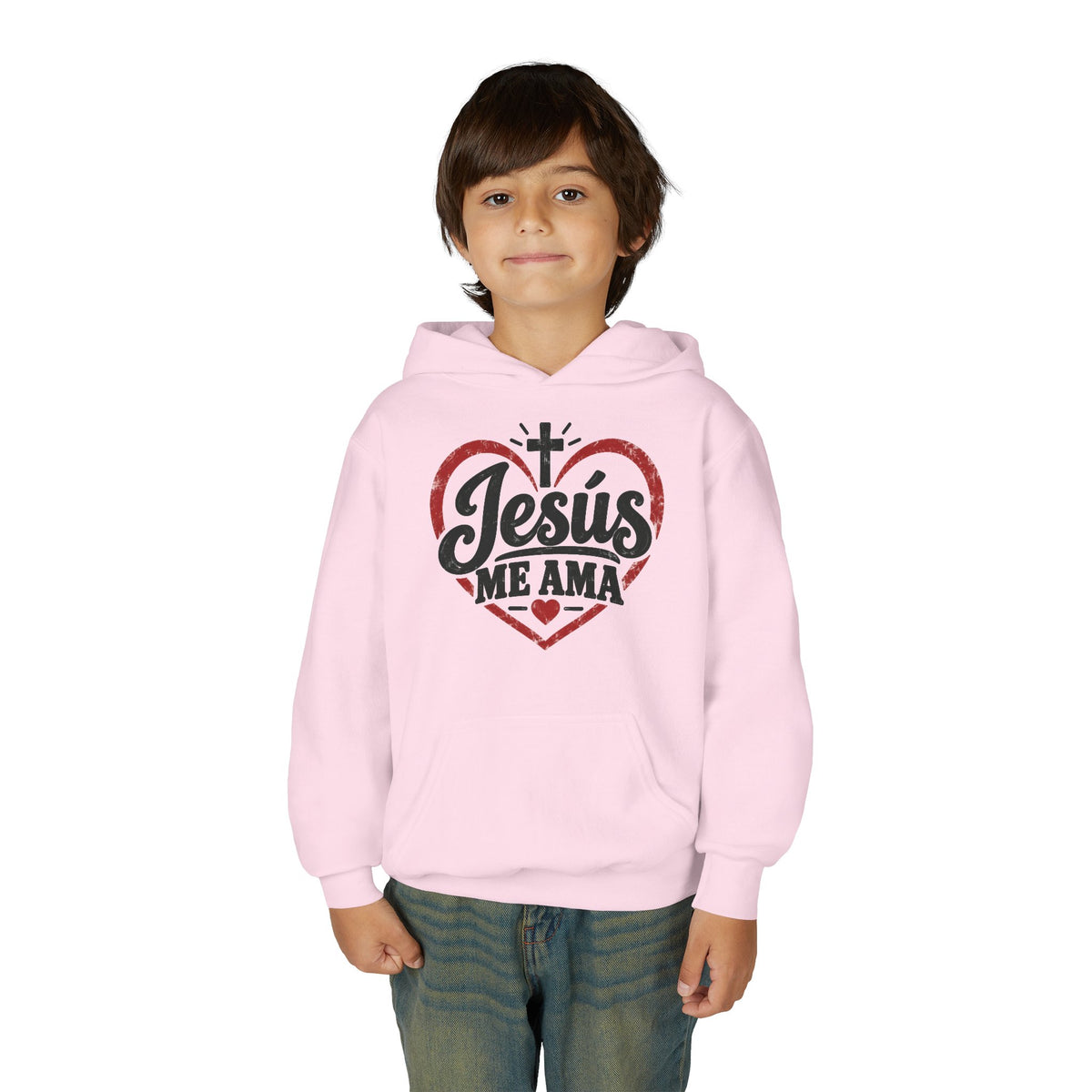 Youth Hoodie — "Jesus Me Ama" Heart Christian Faith Pullover