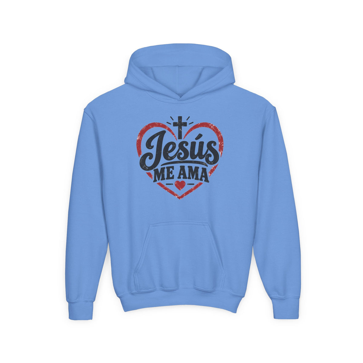 Youth Hoodie — "Jesus Me Ama" Heart Christian Faith Pullover