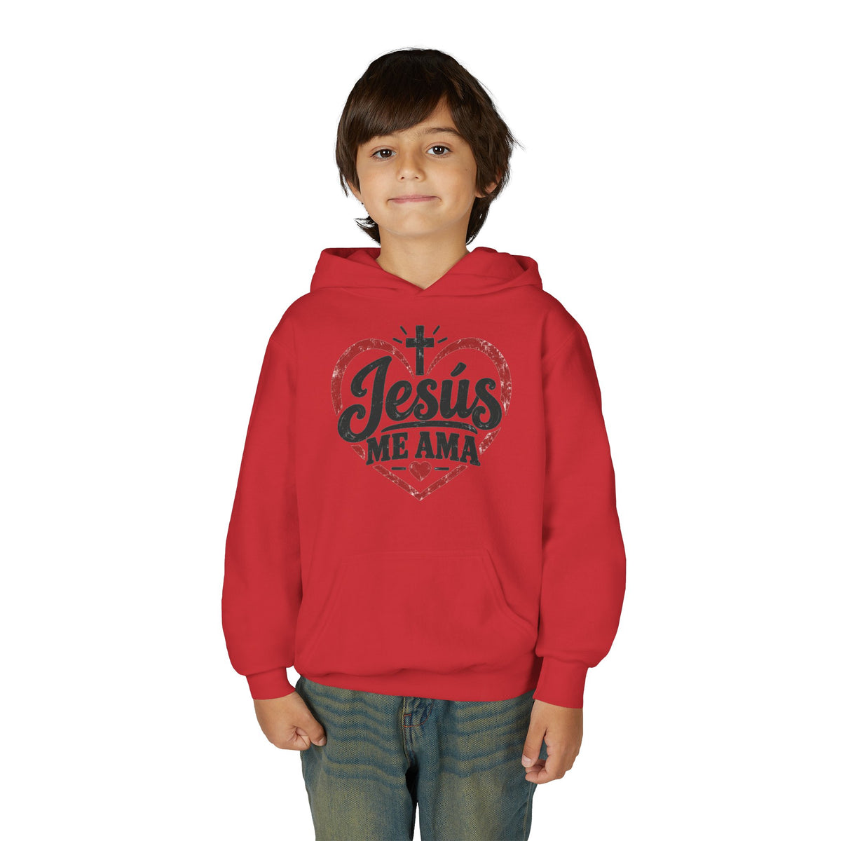 Youth Hoodie — "Jesus Me Ama" Heart Christian Faith Pullover