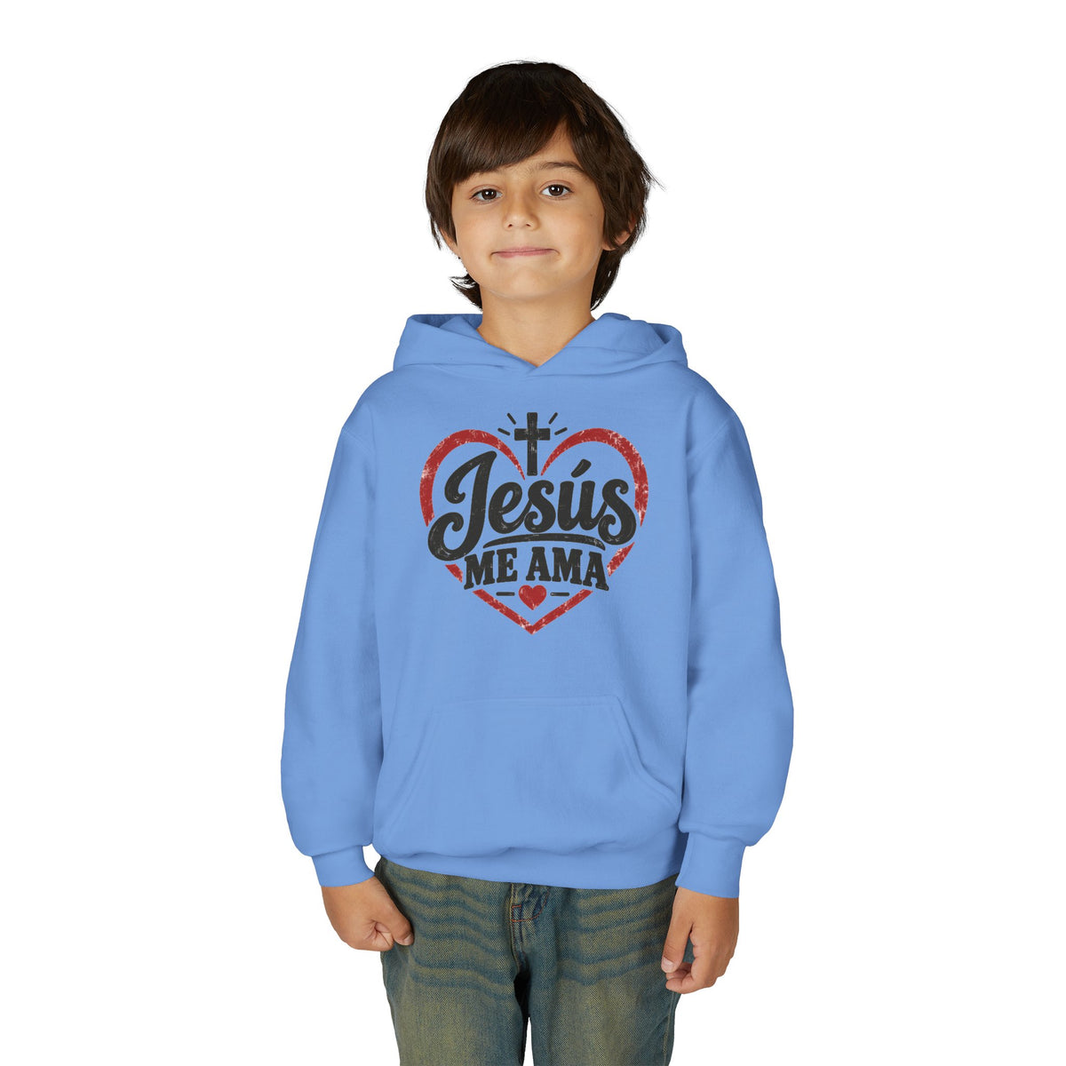 Youth Hoodie — "Jesus Me Ama" Heart Christian Faith Pullover