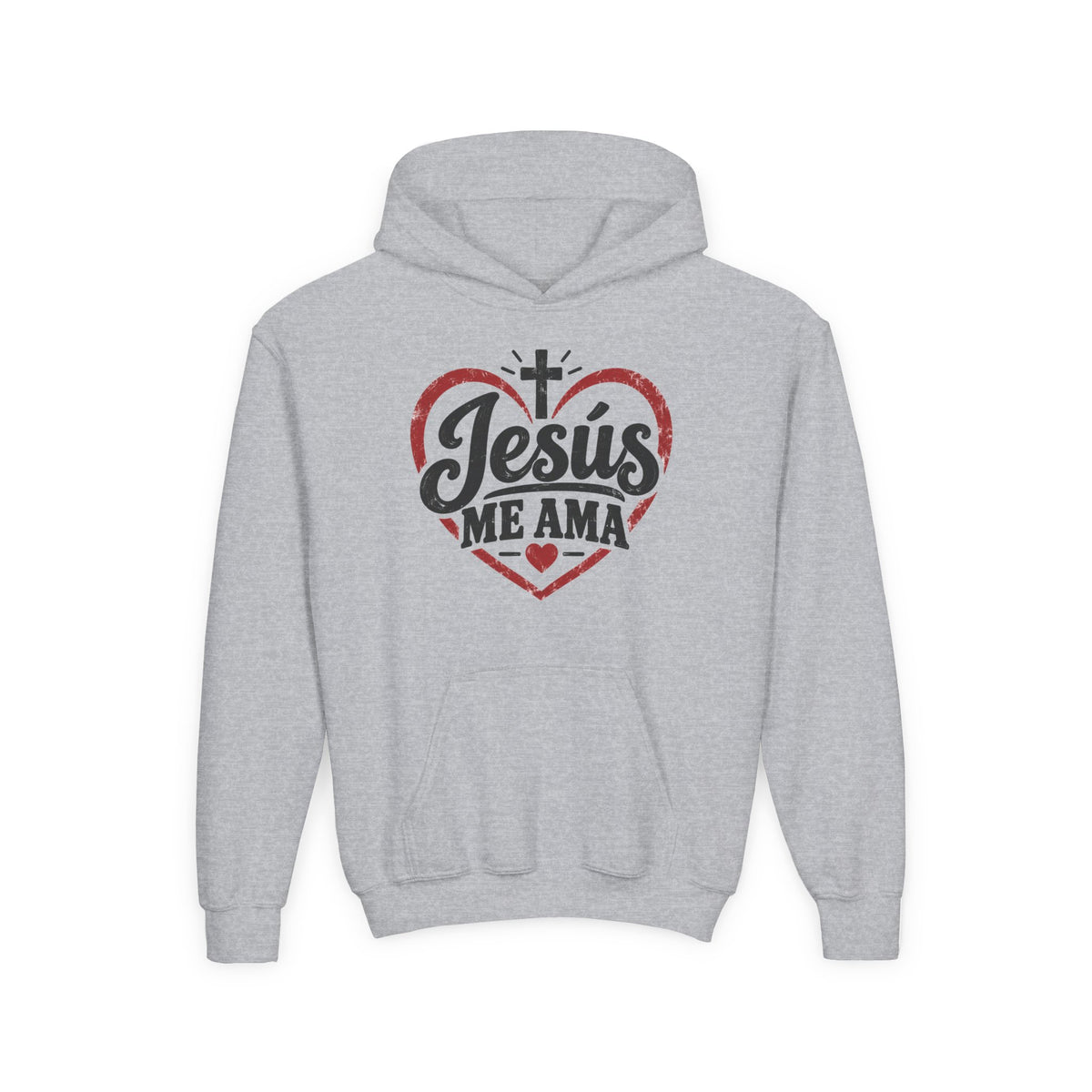 Youth Hoodie — "Jesus Me Ama" Heart Christian Faith Pullover