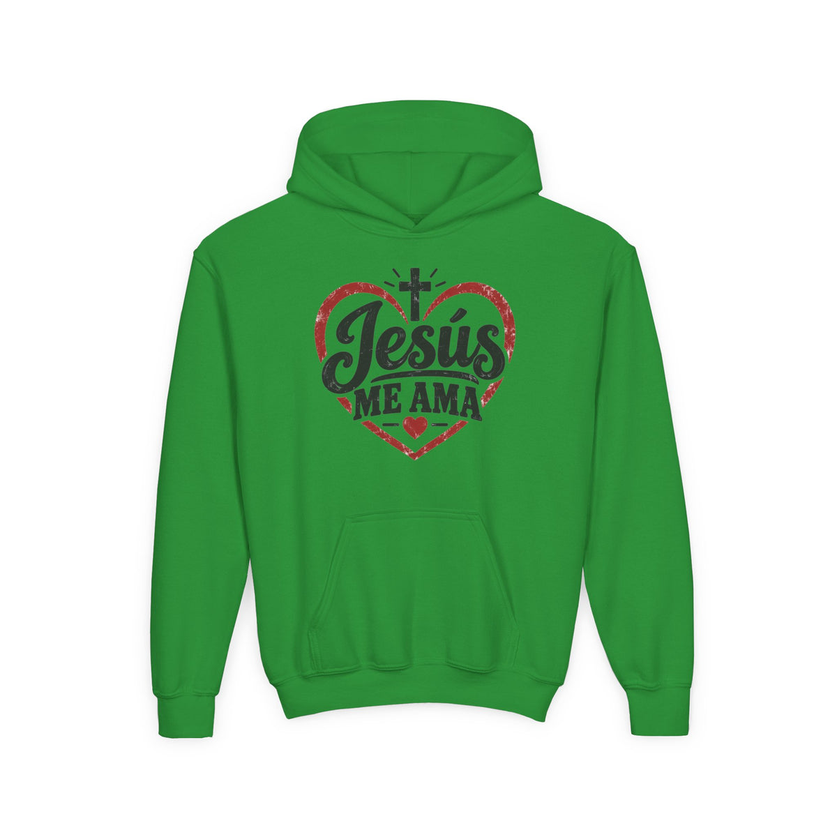 Youth Hoodie — "Jesus Me Ama" Heart Christian Faith Pullover