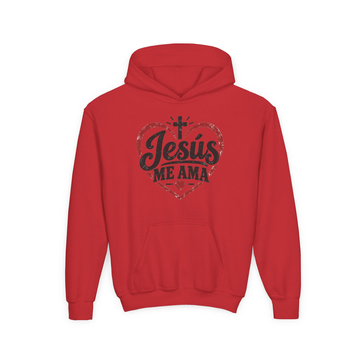 Youth Hoodie — "Jesus Me Ama" Heart Christian Faith Pullover