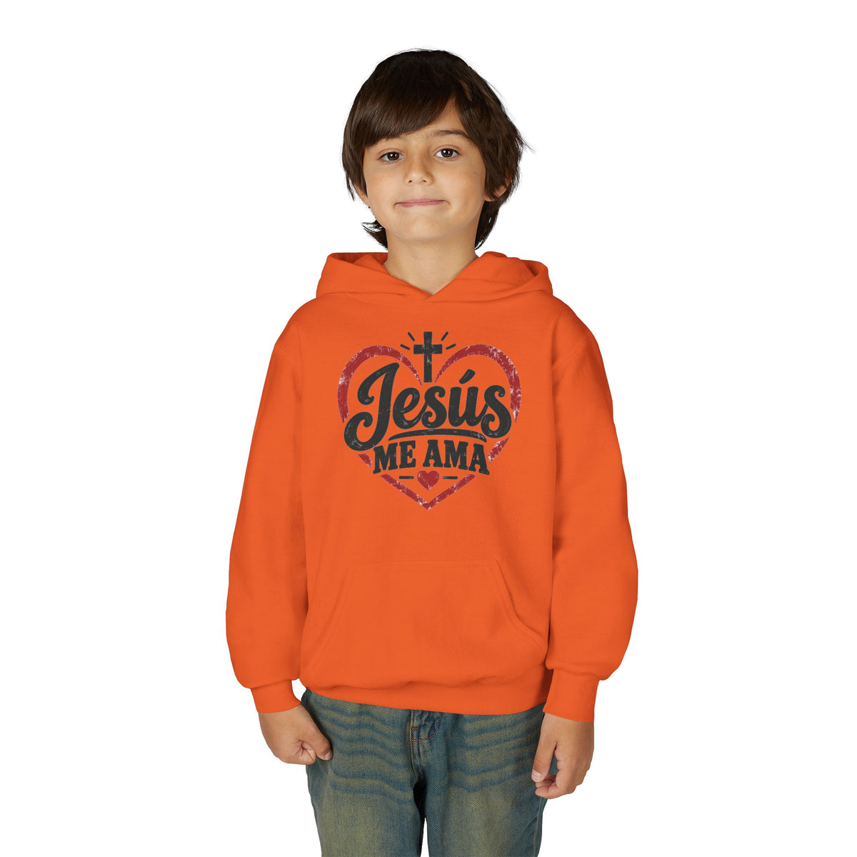 Youth Hoodie — "Jesus Me Ama" Heart Christian Faith Pullover