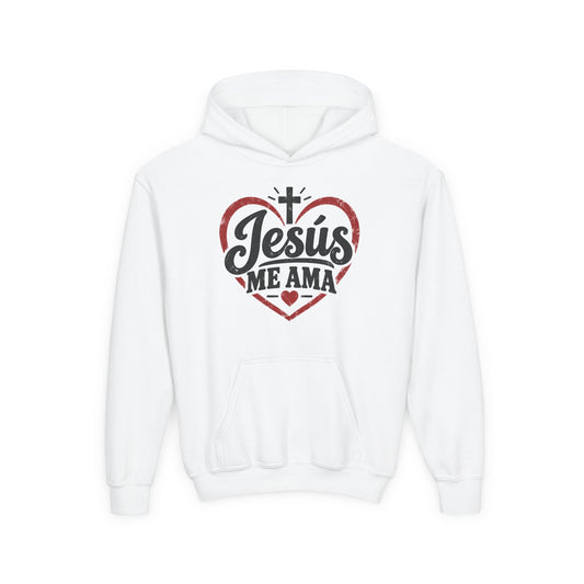 Youth Hoodie — "Jesus Me Ama" Heart Christian Faith Pullover