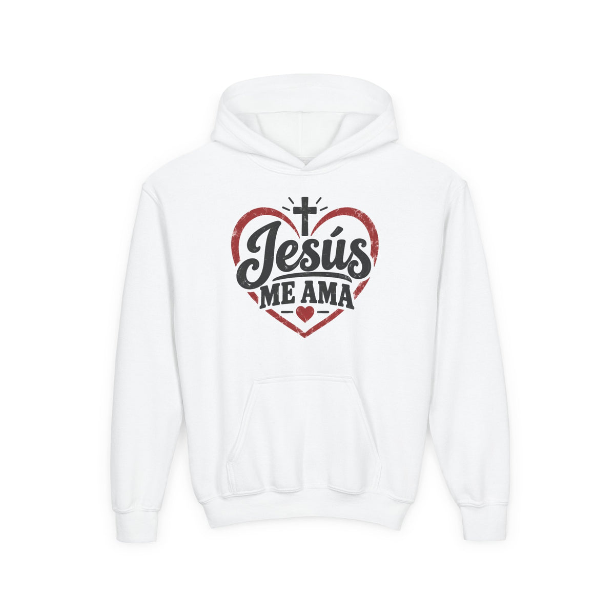 Youth Hoodie — "Jesus Me Ama" Heart Christian Faith Pullover