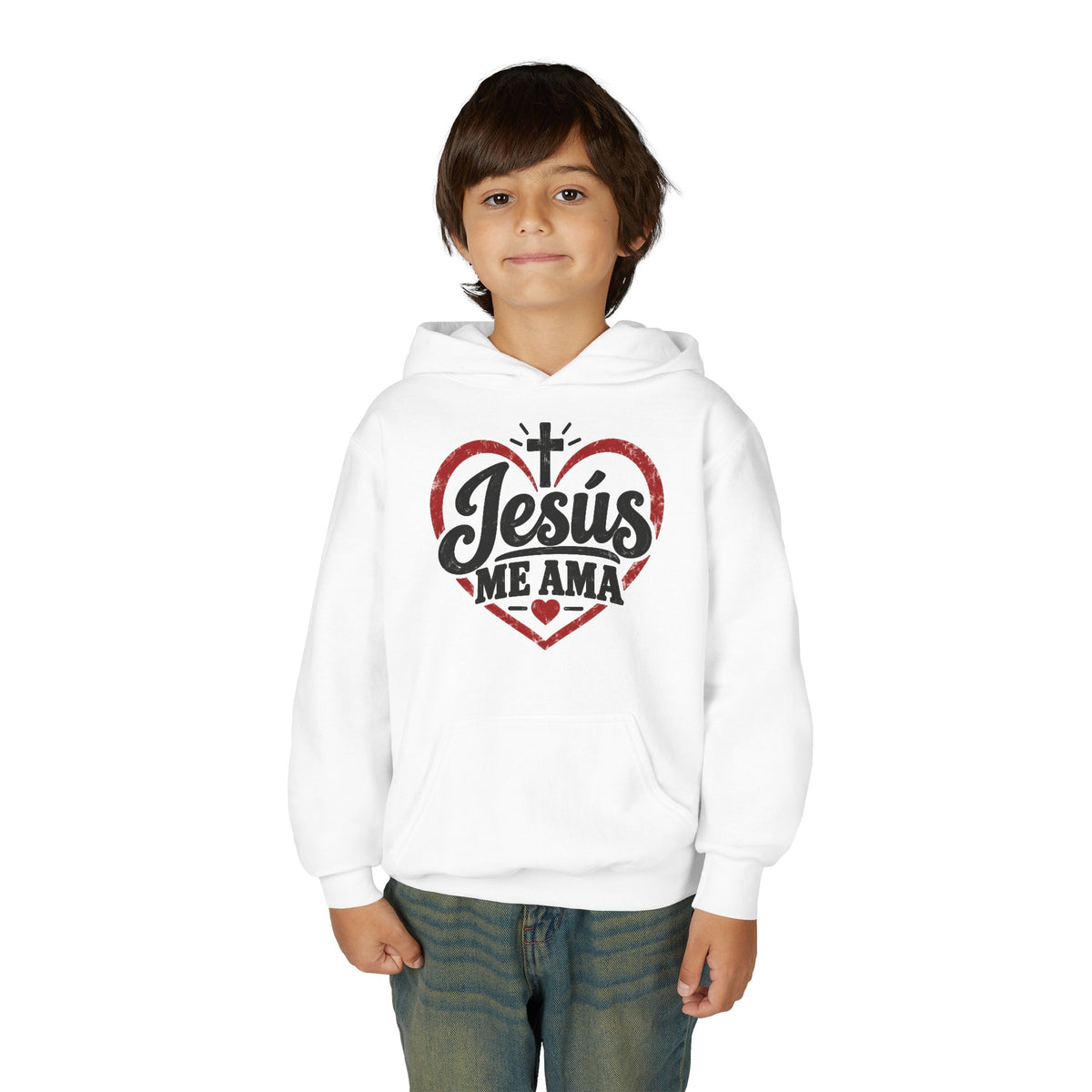 Youth Hoodie — "Jesus Me Ama" Heart Christian Faith Pullover