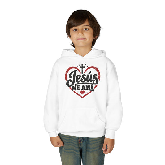 Youth Hoodie — "Jesus Me Ama" Heart Christian Faith Pullover