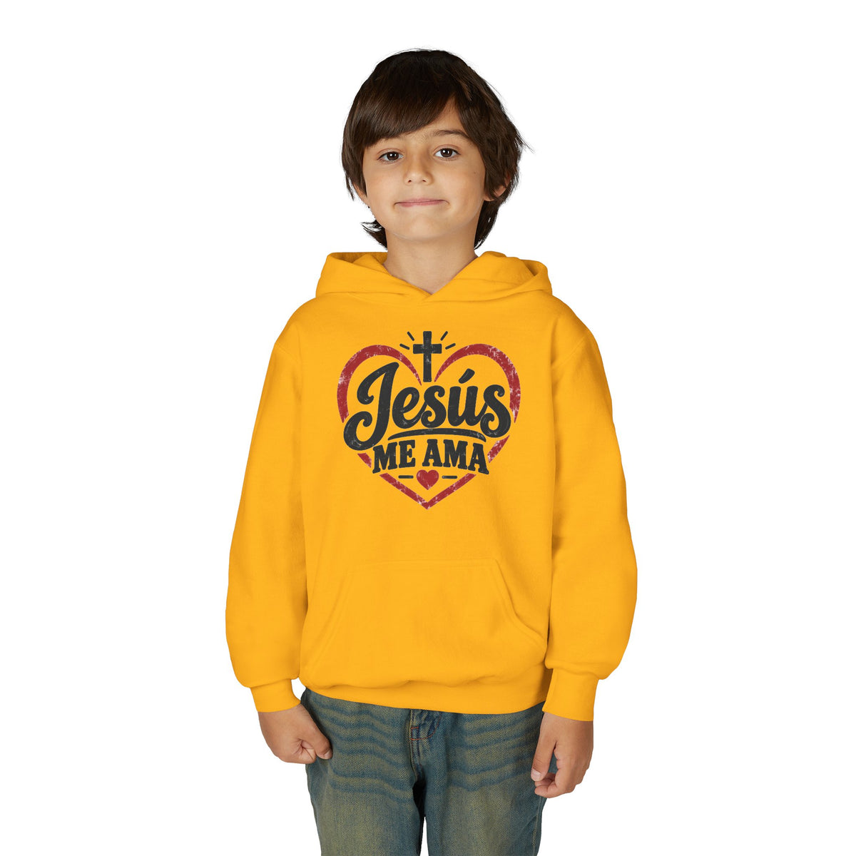 Youth Hoodie — "Jesus Me Ama" Heart Christian Faith Pullover