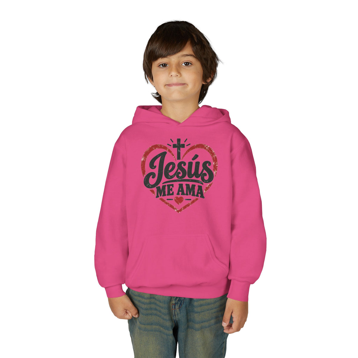 Youth Hoodie — "Jesus Me Ama" Heart Christian Faith Pullover