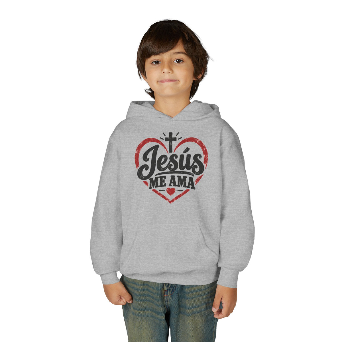Youth Hoodie — "Jesus Me Ama" Heart Christian Faith Pullover